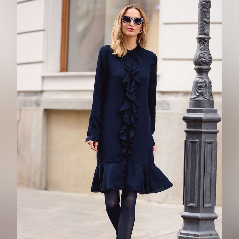 NWT Tory Burch Jane Ruffle Crepe Dress Navy Size 10
